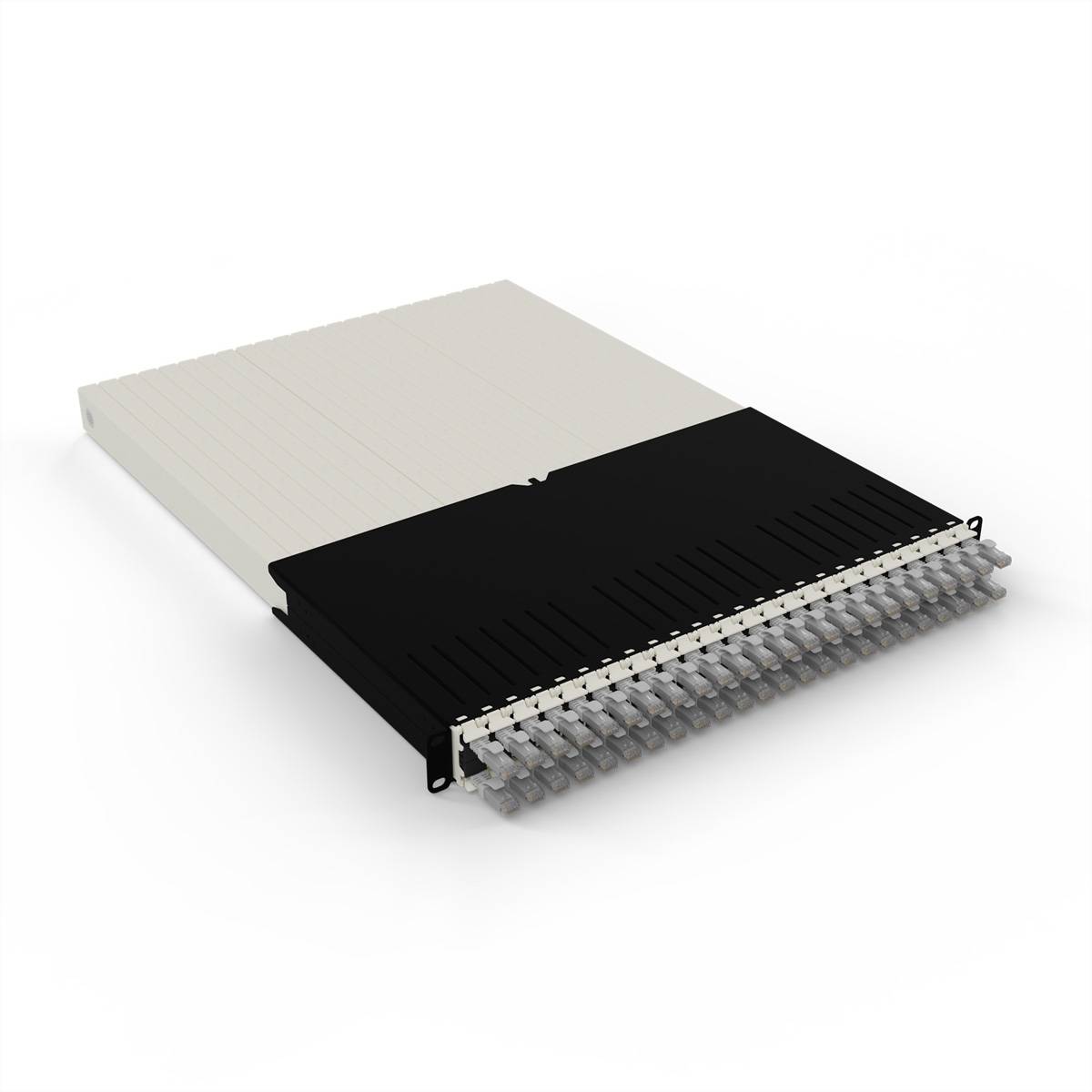 Ein weißes elektronisches Gerät mit schwarzen Kanten, das mehrere Anschlüsse auf einer Seite aufweist und wahrscheinlich zur Datenverbindung oder Vernetzung verwendet wird.