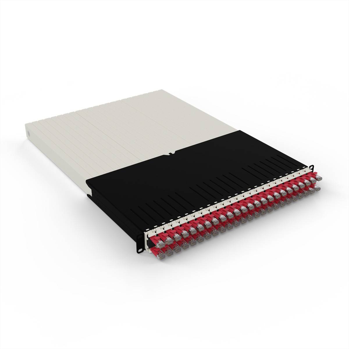 Hochdichte-Faseroptik-Patchpanel mit mehreren roten und schwarzen Anschlüssen, das für effiziente Netzwerkkabelung und -verwaltung konzipiert ist.