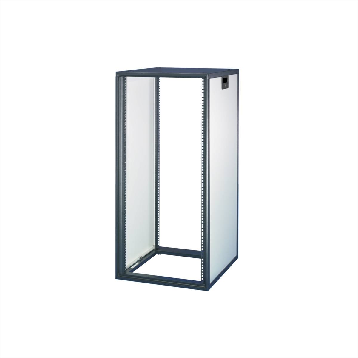 Ein leeres Metallservergestell mit rechteckigem Rahmen und ohne installierte Geräte, von einem Winkel aus vor einem einfachen Hintergrund betrachtet.