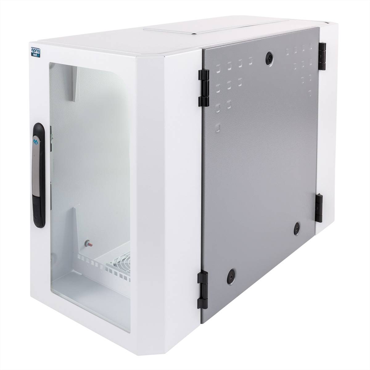 Ein weißer Metallwandmontageschrank für Netzwerke mit durchsichtiger Glastür und schwarzem Griff, ausgestattet mit einem belüfteten Seitenpanel für Luftzirkulation.