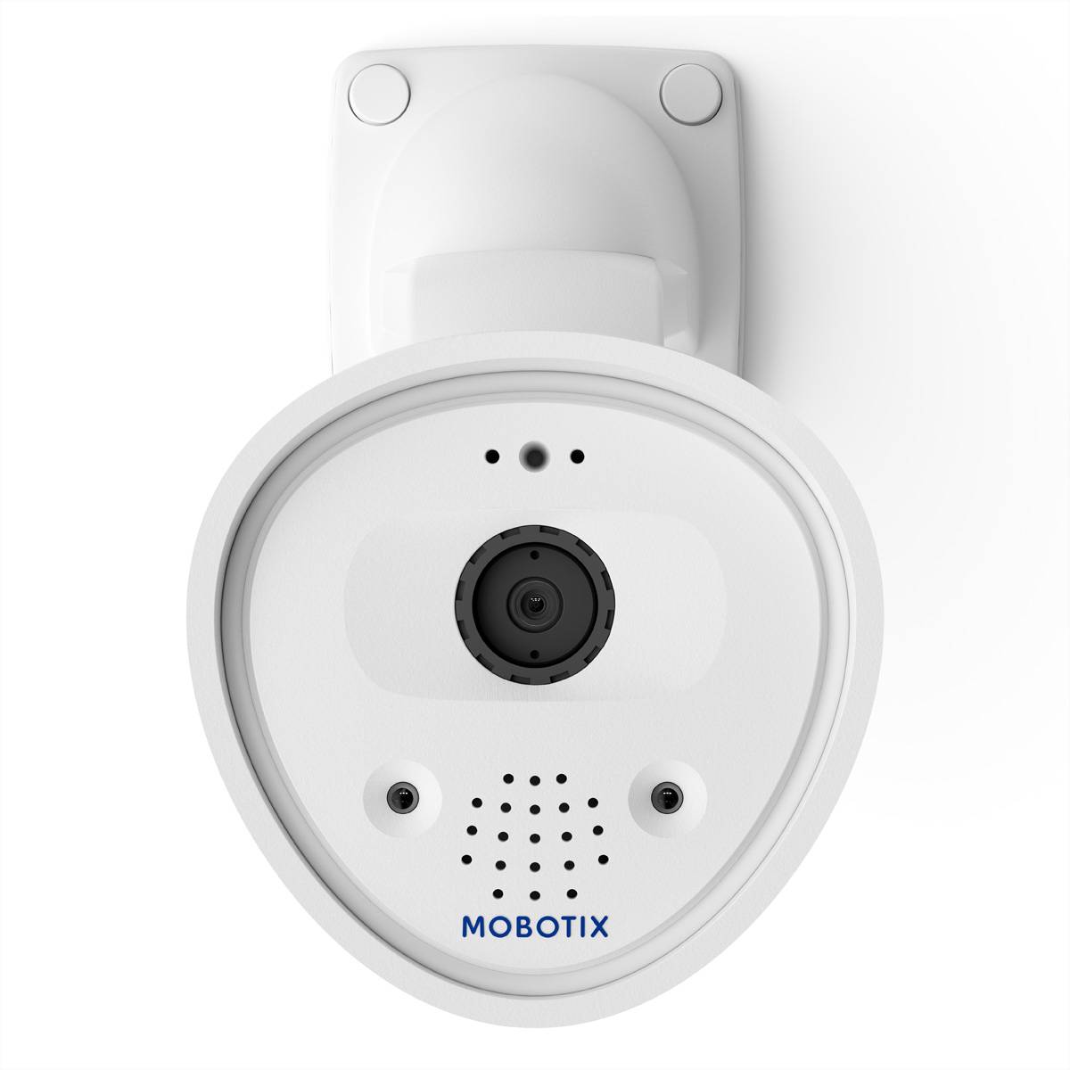 Eine weiße Mobotix-Sicherheitskamera ist an einer Wand montiert. Die Kamera verfügt über ein zentrales Objektiv mit kreisförmigen und Sensorkomponenten darunter.