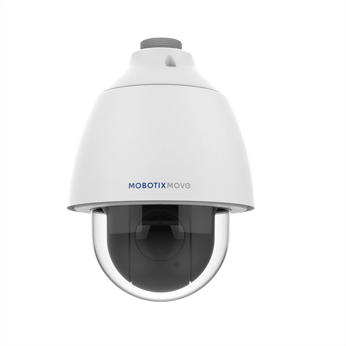Eine weiße, kuppelförmige Überwachungskamera mit der Bezeichnung „Mobotix Move