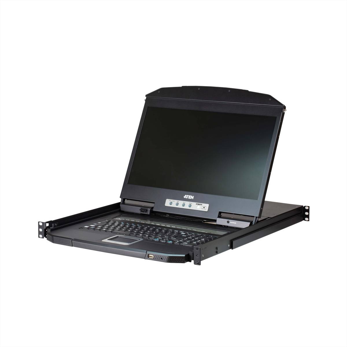 Eine in ein Rack montierbare Konsole mit einem Breitbildschirm und integrierter Tastatur, die für die Verwaltung von Serversystemen in einem Rechenzentrum konzipiert ist.