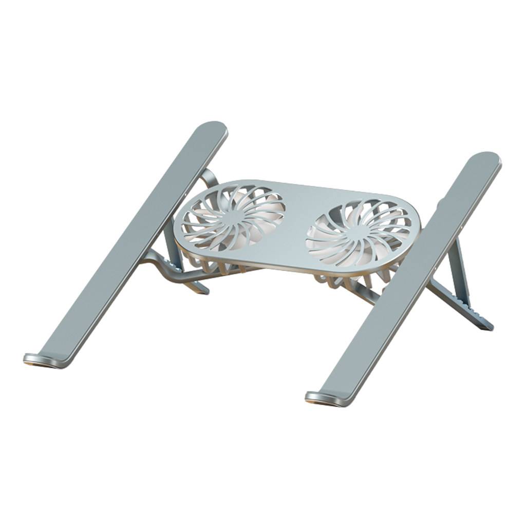 Ein Laptop-Kühlpad mit zwei runden Lüftern und verstellbaren Beinen, das dazu dient, einen Laptop während der Verwendung zu erheben und zu kühlen.
