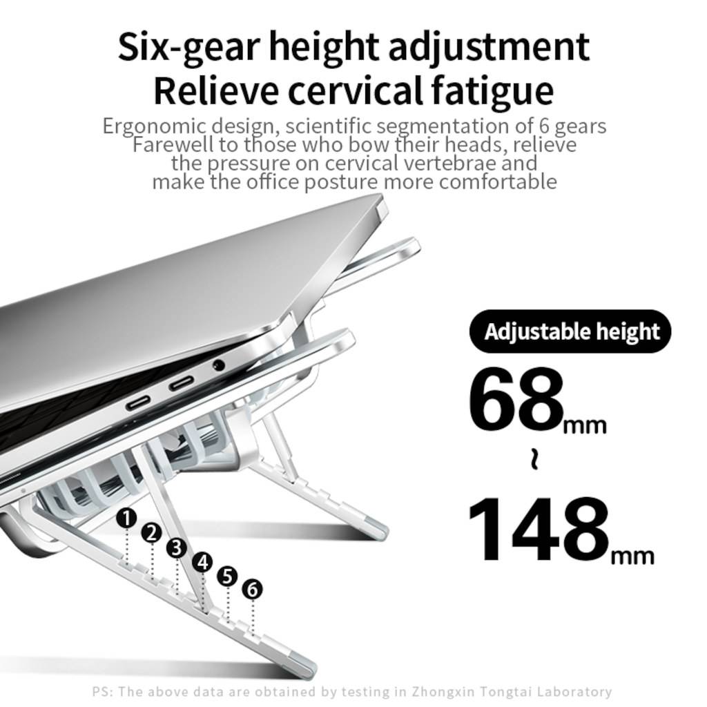 Laptop-Ständer mit sechs Höhenverstellungen, hier im Einsatz gezeigt. Der Text hebt 