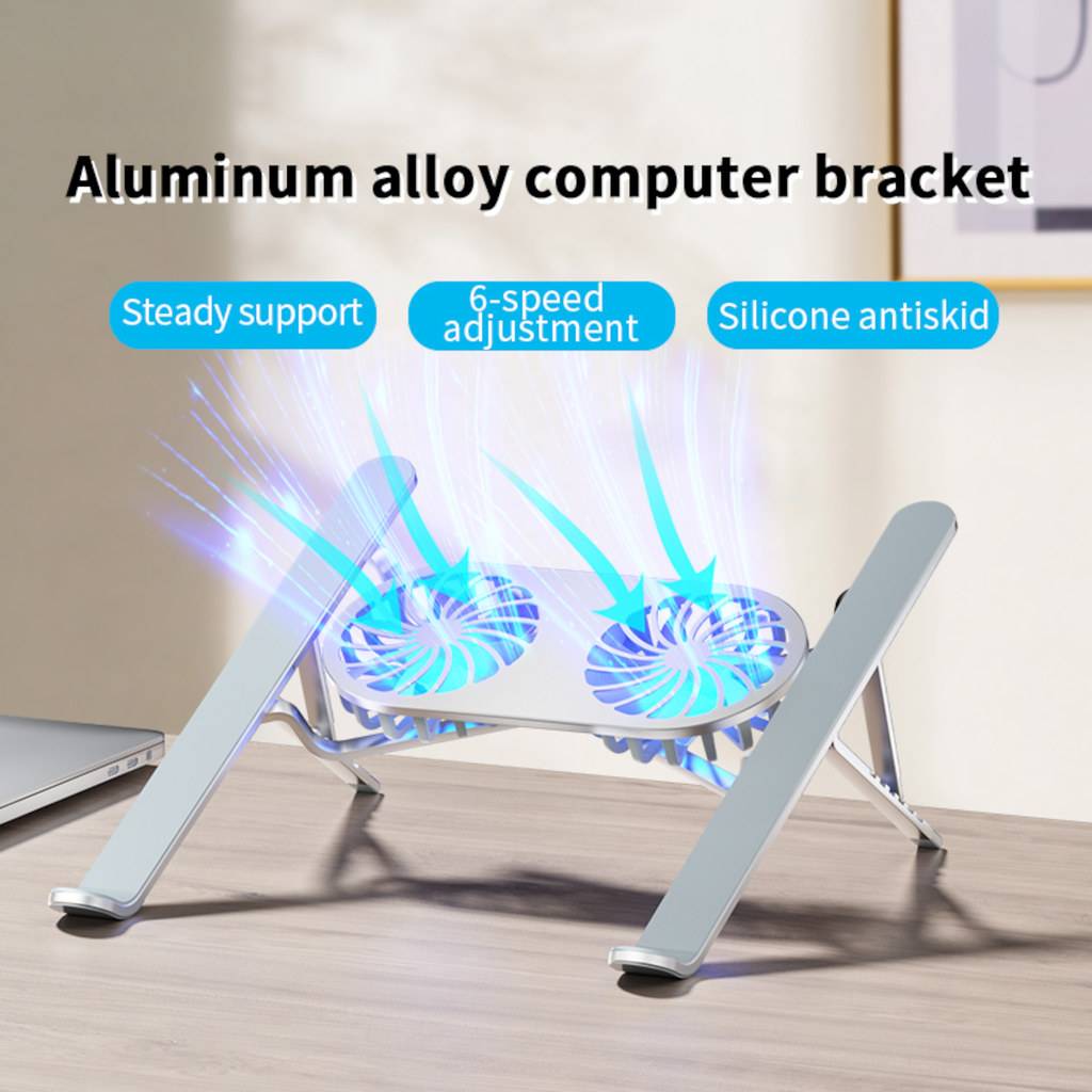 Aluminiumlegierungs-Computerhalterung mit folgenden Funktionen: stabile Unterstützung, 6-stufige Verstellung, rutschfeste Silikoneinsätze. Lüfter sorgen für Kühlung.
