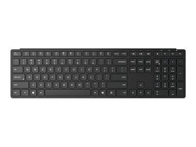 Eine schwarze Computertastatur mit standardmäßigem QWERTY-Layout, einschließlich Funktionstasten und Ziffernblock.