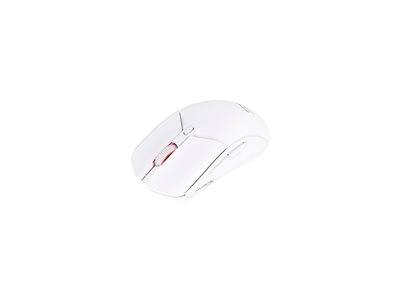 Eine elegante, moderne weiße Computermaus mit einem roten Scrollrad, ergonomisch gestaltet, auf einem einfachen weißen Hintergrund.