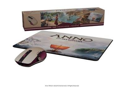 Anno-Themed Wireless Maus- und Mousepad-Set mit szenischer Verpackung, mit Kunstwerken aus dem Spiel, die historische Landschaften zeigen.