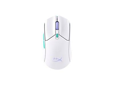 Eine weiße Computermaus mit LED-Akzenten und einem HyperX-Logo auf der Oberfläche.