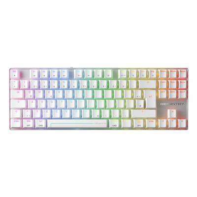 Eine farbenfrohe mechanische Tastatur mit RGB-Hintergrundbeleuchtung, die einen Farbverlauf über die Tasten anzeigt.