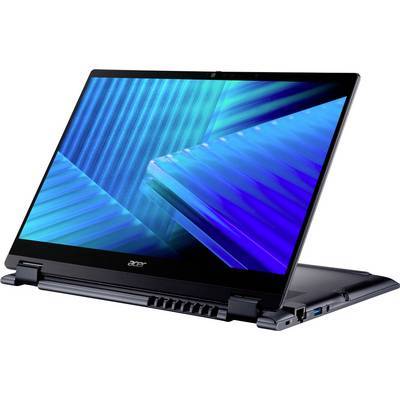 Acer-Laptop mit einem blauen geometrischen Muster auf dem Bildschirm, in einer teilweise geschlossenen Position gezeigt, wobei ein flexibles Scharnier-Design hervorgehoben wird.