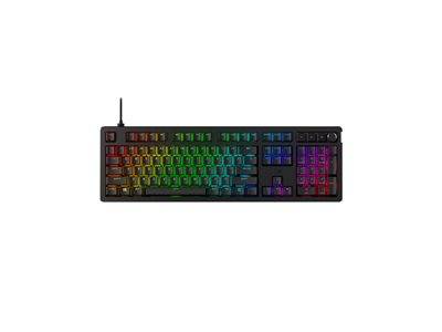 Eine schwarze kabelgebundene Tastatur mit mehrfarbiger LED-Hintergrundbeleuchtung, die jede Taste in einem Farbspektrum illuminiert und ein lebendiges Aussehen schafft.