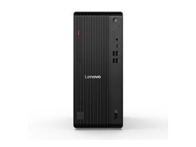 Schwarzer Lenovo Desktop-Computer-Tower mit Frontpanelports und -tasten, mit einem vertikalen Rippenmuster.