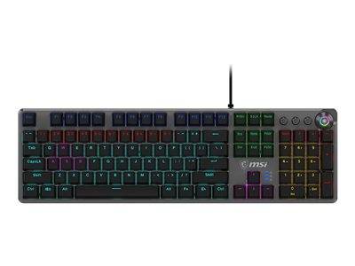 Eine Gaming-Tastatur mit RGB-Hintergrundbeleuchtung der Tasten in verschiedenen Farben. Markenlogo unten rechts sichtbar. Mit schwarzem Kabel angeschlossen.