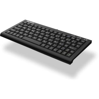 Eine schwarze kabellose Tastatur mit kompaktem Design und gleichmäßig angeordneten Tasten.