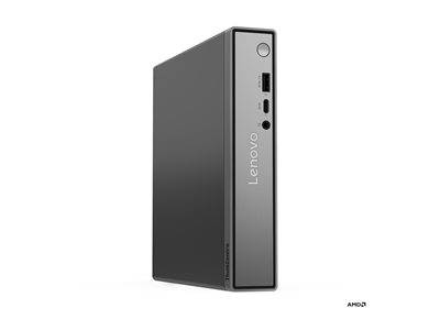 Ein kompakter Lenovo ThinkCentre Desktop-Tower in Schwarz mit vorderen Anschlüssen für USB- und Audioverbindungen.