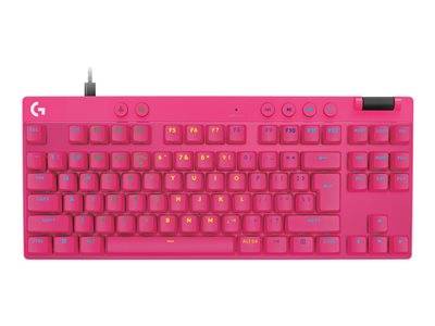 Eine leuchtend rosa Computertastatur mit beleuchteten Tasten, die blaue und orange Hintergrundbeleuchtung aufweisen.