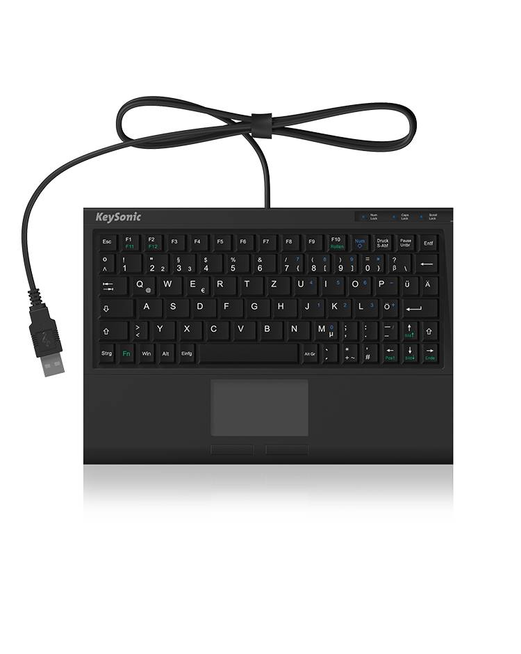Kompakte schwarze Tastatur mit integriertem Touchpad und USB-Kabel. Der Markenname „KeySonic