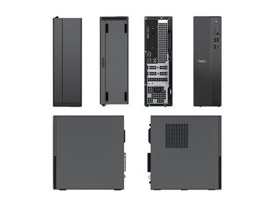 Sechs Ansichten eines schwarzen Desktop-Computer-Towers: Vorderseite, Rückseite, linke Seite, rechte Seite, Oberseite und Unterseite, die die Anordnung von Anschlüssen und Belüftung zeigen.