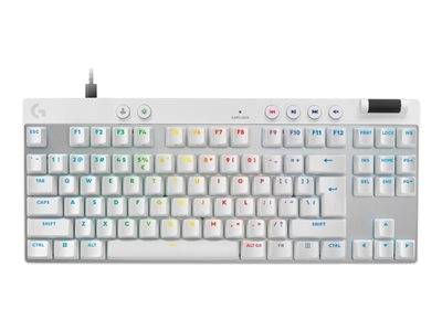 Eine weiße mechanische Tastatur mit farblich beleuchteten Tasten, die zusätzliche Funktionstasten oben für Medienkontrolle und Verknüpfungen aufweist.