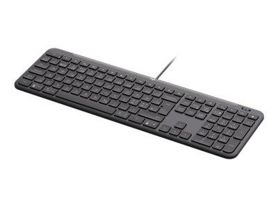 Eine schwarze kabelgebundene Tastatur mit vollwertigen Tasten, einschließlich eines Ziffernblocks, geeignet für die Verwendung am Desktop-Computer.