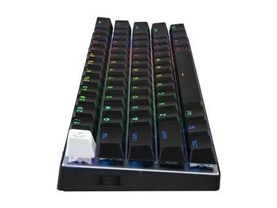 Eine mechanische Tastatur mit schwarzen Tasten, die von regenbogenfarbigen LED-Lichtern beleuchtet werden, ist aus einer angewinkelten Seitenansicht zu sehen.