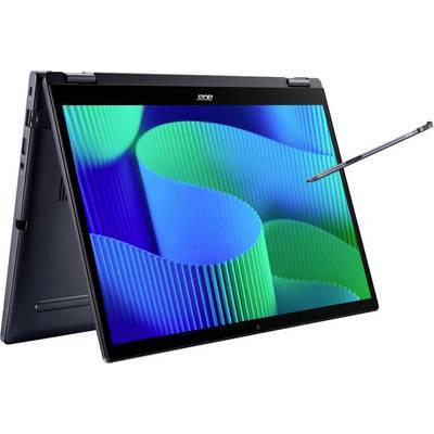Acer-Convertible-Laptop im Zeltmodus mit einem Stift, der auf den Bildschirm zeigt, auf dem abstrakte grüne und blaue Muster angezeigt werden.