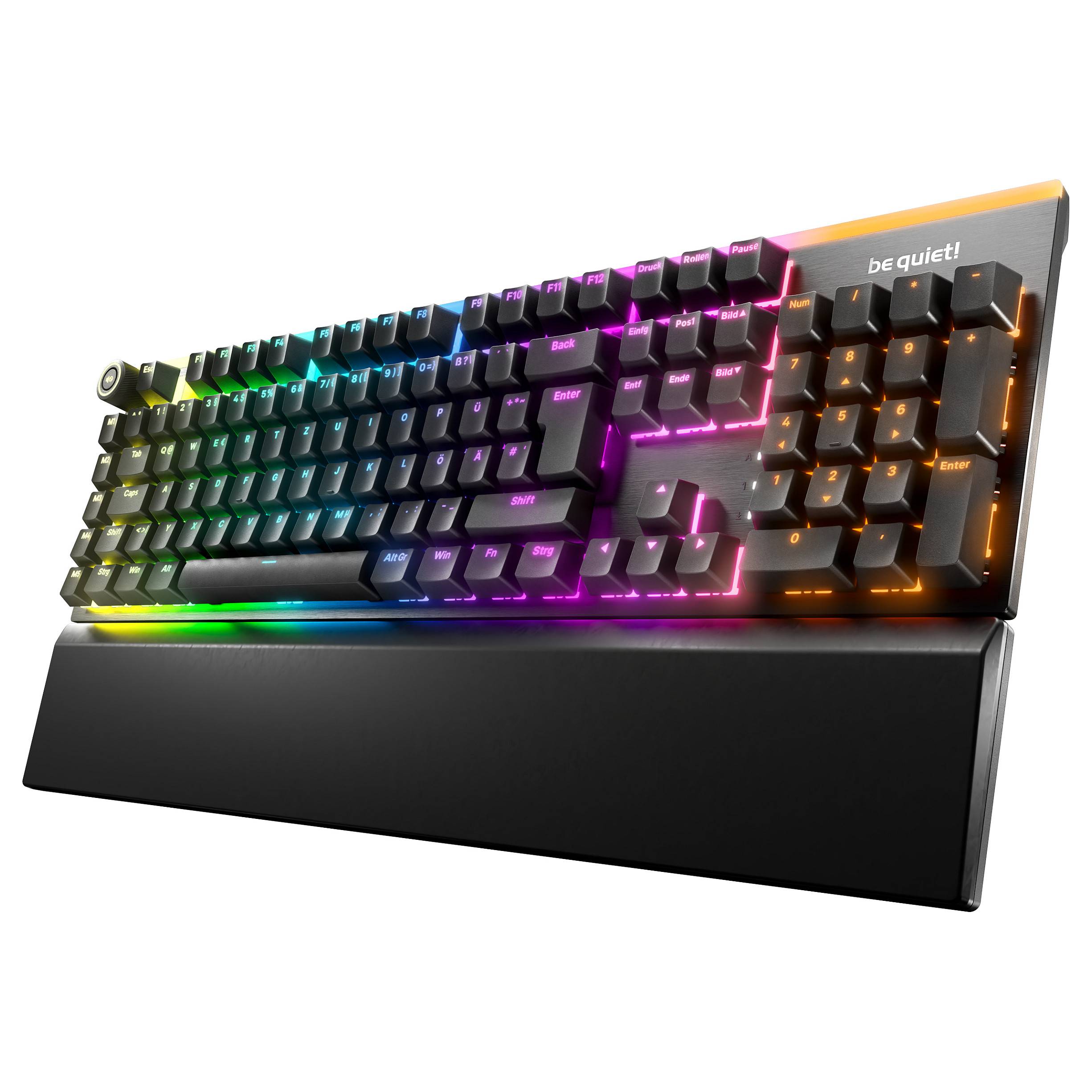 Eine schwarze mechanische Tastatur mit Handgelenkauflage, mit einstellbarer RGB-Beleuchtung über den Tasten.