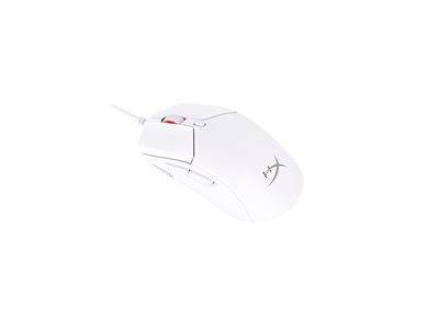 Eine weiße Gaming-Maus mit HyperX-Logo, mit Seitentasten und einem Scroll-Rad, entwickelt für ergonomische Verwendung und präzise Steuerung.