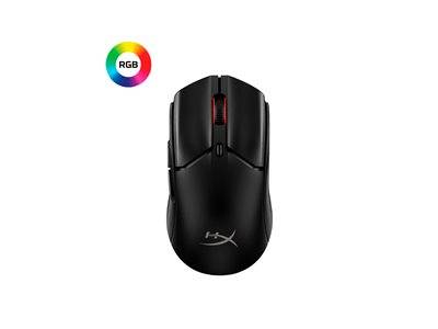 Eine schwarze HyperX Gaming-Maus mit einem RGB-Beleuchtungslogo daneben.