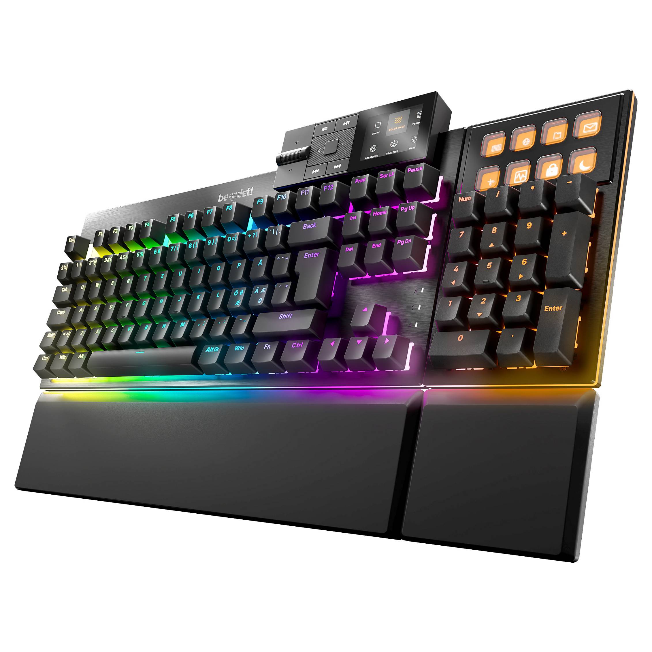 Eine Gaming-Tastatur mit LED-Regenbogen-Hintergrundbeleuchtung, einer Handgelenkstütze, Multimedia-Tasten und zusätzlichen Makro-Tasten auf der rechten Seite.