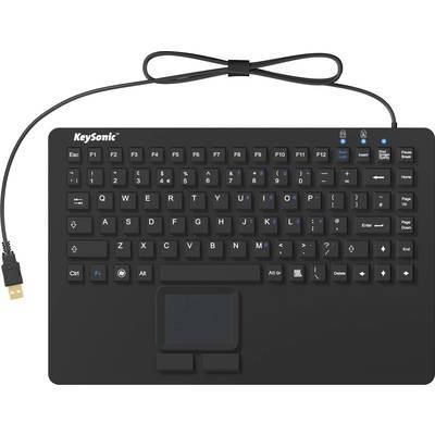 Schwarze kompakte Tastatur mit integriertem Touchpad und USB-Verbindung. Umfasst Funktionstasten und Ziffernblock. Modell: KeySonic.