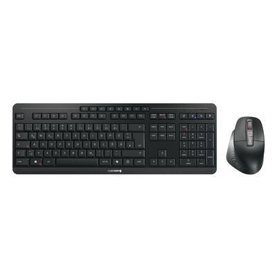Eine schwarze kabellose Tastatur mit Ziffernblock und Funktionstasten wird neben einer schwarzen ergonomischen Maus mit mehreren Tasten gezeigt.