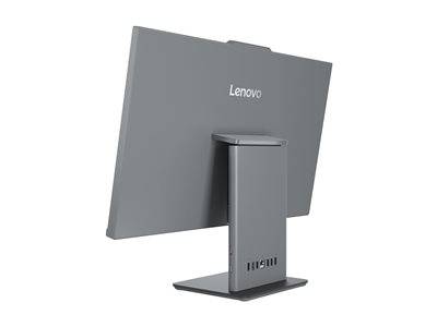 Ein grauer Lenovo-Computermonitor von hinten betrachtet, der seinen verstellbaren Ständer zeigt.