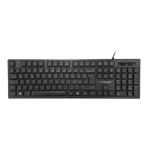 Eine schwarze kabelgebundene Tastatur mit vollständigem Layout einschließlich eines numerischen Tastaturfeldes, mit einem einfachen, modernen Design.