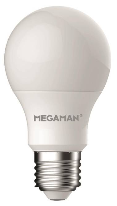 Eine weiße LED-Glühbirne mit dem Markennamen 'MEGAMAN' auf der Basis aufgedruckt.