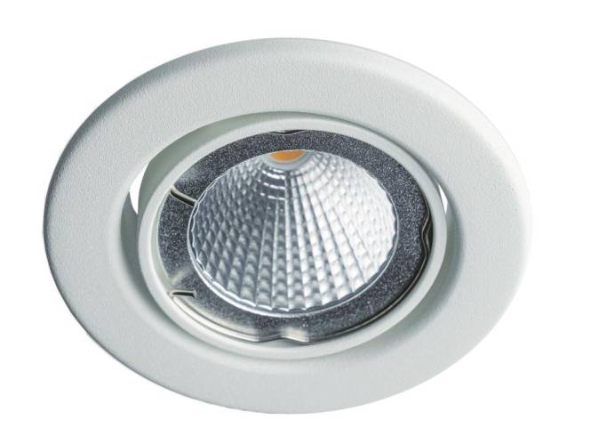 Ein weißes eingebautes LED-Deckenleuchte mit strukturiertem Diffusor. Ideal für moderne Innenräume und bietet effiziente und fokussierte Beleuchtung.