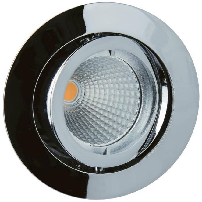 Kreisförmige LED-Einbauleuchte für die Decke mit reflektierendem Chromfinish, mit strukturiertem Inneren und sichtbarem Leuchtmittel.