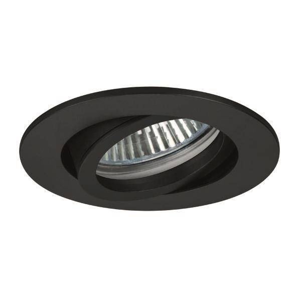 Eine eingelassene schwarze verstellbare Deckenleuchte mit kreisförmiger Blende, entworfen für moderne Innenräume und gerichtete Beleuchtung.