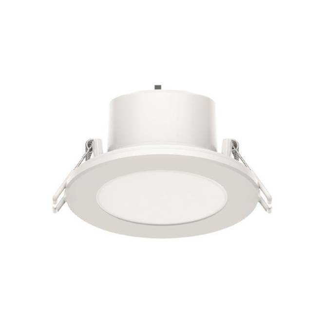 Eine weiße, bündige Deckeneinbauleuchte mit kreisförmigem Design und zwei Federklemmen an den Seiten zur Installation.