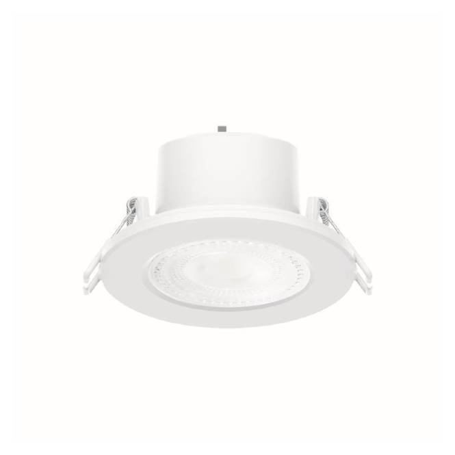 Ein rundes, weißes Einbau-LED-Downlight mit geripptem Design um die Glühbirne herum, konzipiert für die Deckeninstallation im Innenbereich.