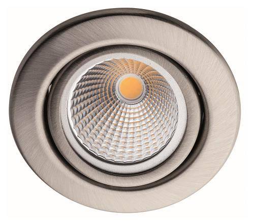 Kreisförmiger LED-Einbaustrahler mit strukturiertem Reflektor, in Draufsicht von unten gezeigt, mit warmem, fokussiertem Licht.