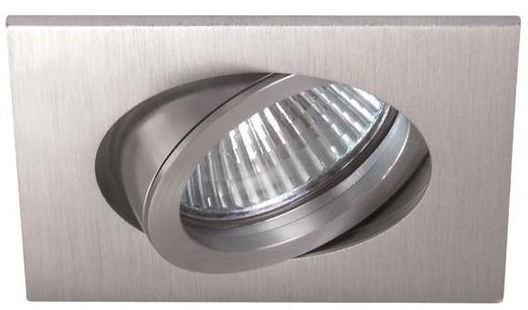 Ein metallischer, kreisförmiger Scheinwerfer mit einer gerippten Reflektorfläche, die an einer Decke montiert ist und leicht nach unten gerichtet ist, um gerichtete Beleuchtung zu bieten.