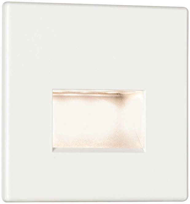 Ein weißes quadratisches LED-Einbaustufenlicht mit rechteckiger Öffnung, das seine Umgebung zur Sichtbarkeit und Sicherheit auf Treppen beleuchtet.