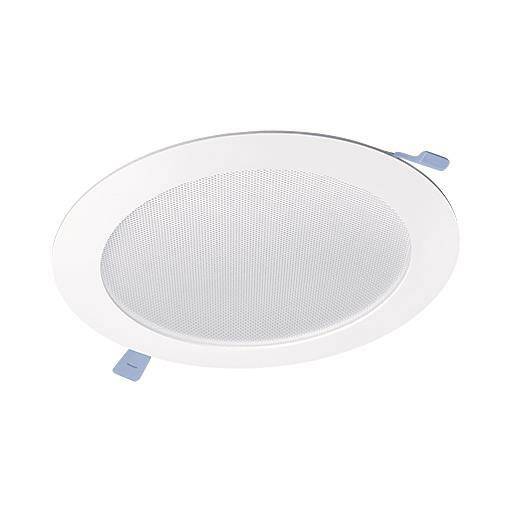 Ein runder, weißer, bündiger Deckeneinbaulautsprecher mit Schutzgitter aus Mesh und blauen Befestigungsklammern.