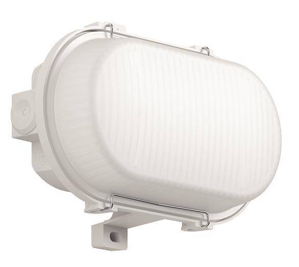 Ein weißes, oval geformtes Außenwandlicht mit einem schützenden Metallgitter, konzipiert für Langlebigkeit und Wetterbeständigkeit.