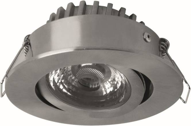 Ein rundes, metallisches Einbauleuchte für die Decke mit einer gerillten Wärmefläche und einer zentralen LED-Lampe, entworfen für die Innenraumbeleuchtung.