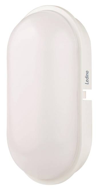 Eine weiße, rechteckige LED-Wandleuchte mit minimalem Design. An der Seite der Leuchte ist der Markenname „Ledino
