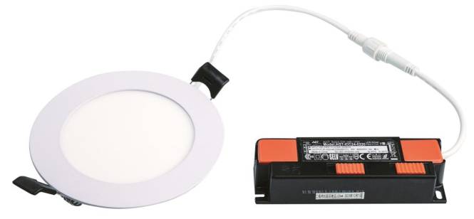 Rundes LED-Panelleuchte mit weißem Rahmen und angeschlossener Stromversorgung, verbunden durch ein Kabel.